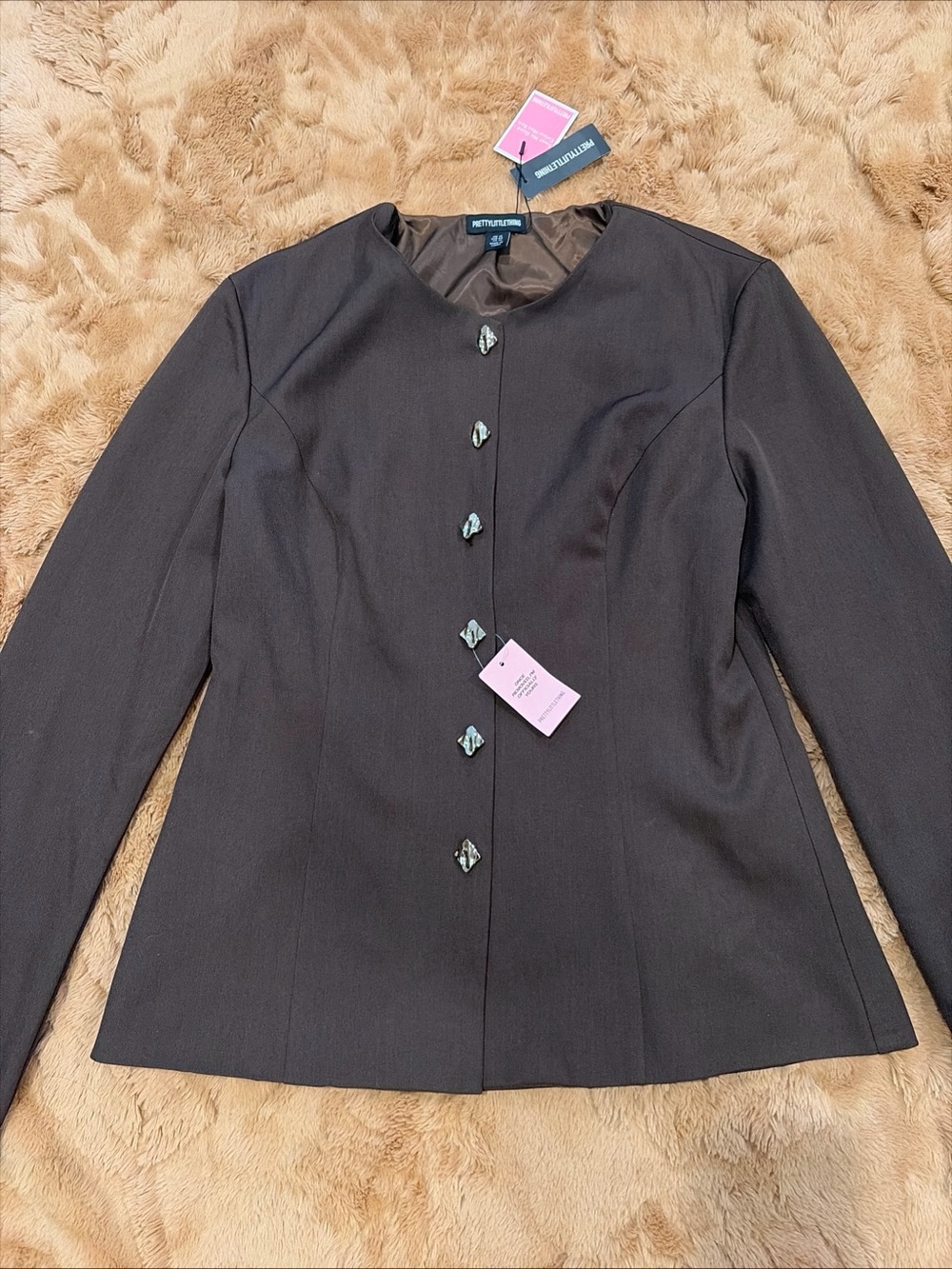 Chocolate Brown Shirt Blazer Gold Button Pretty Little Thing Cinched Waist